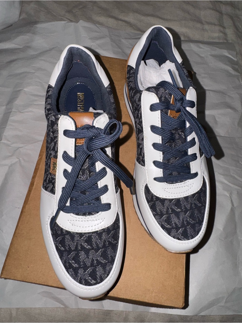 Michael Kors Monique Trainer Sneakers Logo Denim Optic White Women’s 6.5 Nwot